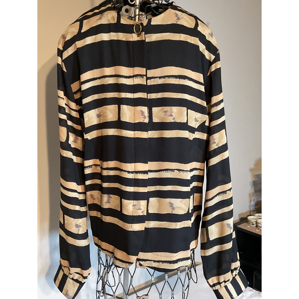 Nicola Woman Blouse Black Tan Striped Abstract Geometric Button Up Long Sleeve